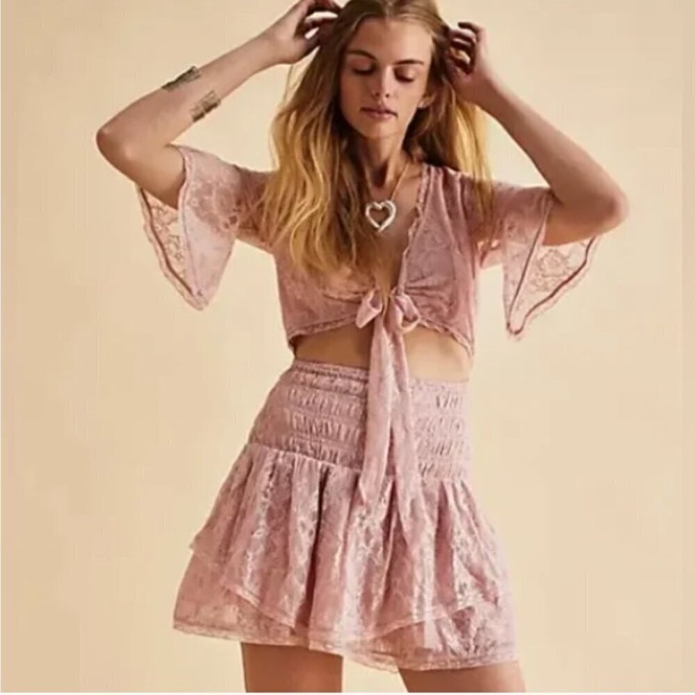 Free People Lala Dawn Rose Pink Lace Mini Dress Cutout Tie Front Size Large NWT